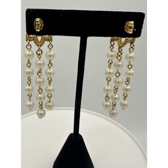 Gold Tone Faux Pearl Strands Pierced Earrings Elegant - Picture 5 of 5